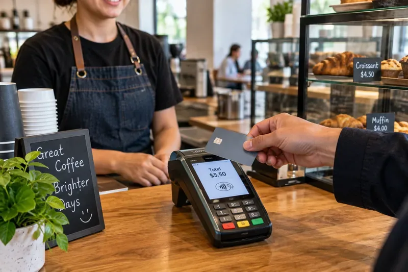 A customer taps a payment card on a café terminal while a barista stands behind the counter, illustrating an everyday Australian card payment.