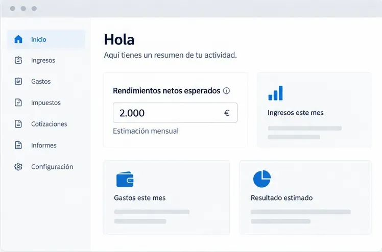 Panel de gestión genérico con el campo Rendimientos netos esperados y una estimación mensual de 2.000 euros