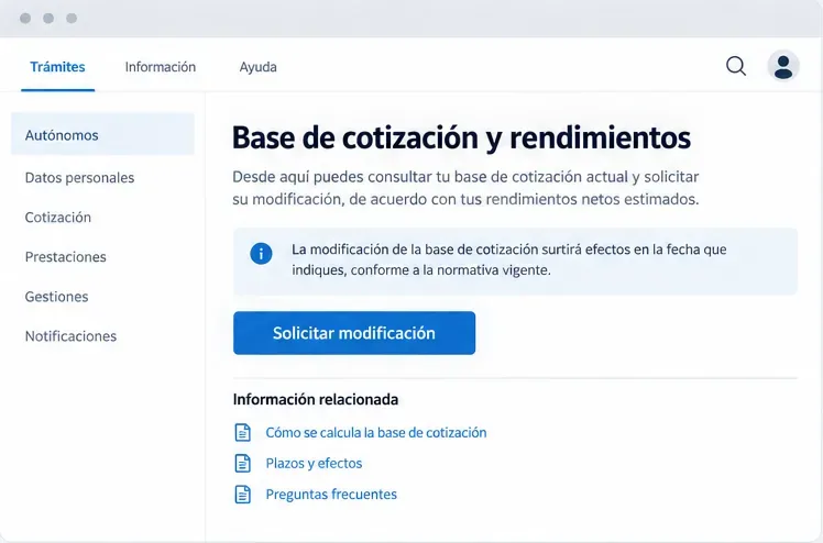 Ventana genérica de trámites con el título Base de cotización y rendimientos y el botón Solicitar modificación