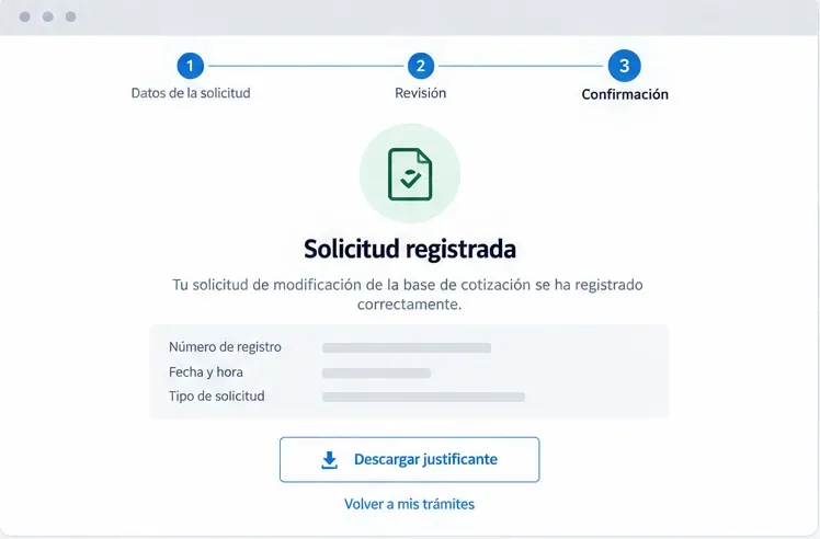 Pantalla genérica de confirmación que muestra Solicitud registrada y un botón para descargar el justificante
