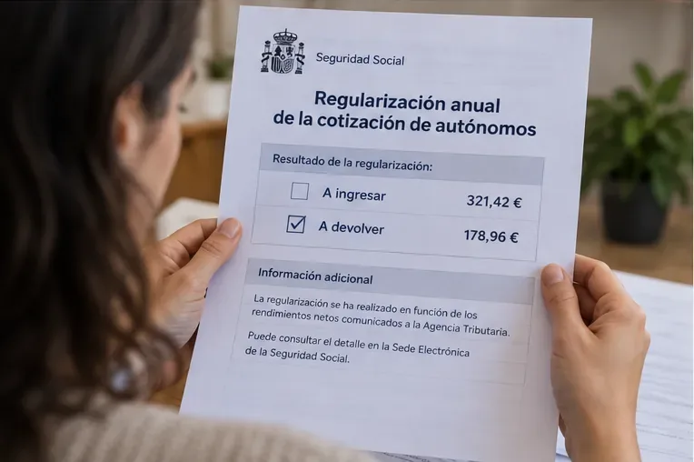 Persona leyendo un ejemplo de resolución de regularización anual de cotizaciones de autónomos con resultado a devolver