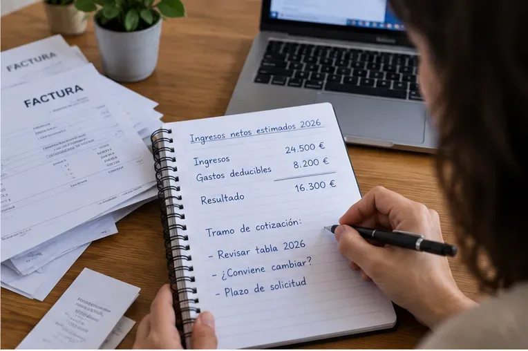 Cuaderno con cálculo de ingresos netos estimados para 2026 junto a facturas, portátil y bolígrafo