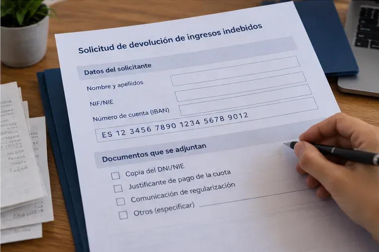 Formulario ilustrativo de solicitud de devolución de ingresos indebidos con campos para datos personales e IBAN