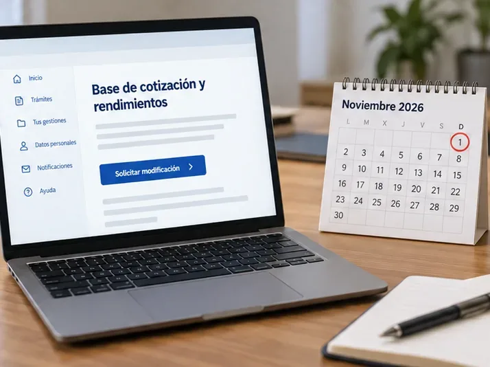 Portátil con el título Base de cotización y rendimientos junto a un calendario de noviembre de 2026 con el día 1 marcado.