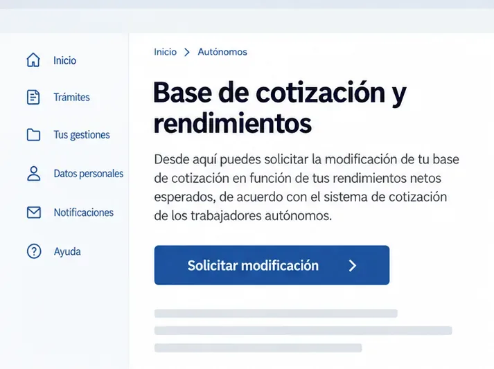 Pantalla esquemática con el título Base de cotización y rendimientos y el botón Solicitar modificación.