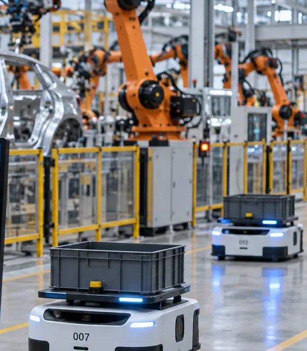 Autonomous mobile robots carrying material bins beside guarded robotic assembly cells in a modern factory