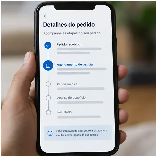 Tela Detalhes do pedido com etapas de perícia e análise do benefício