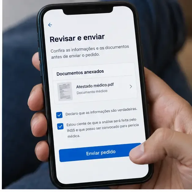 Tela Revisar e enviar do Meu INSS com documentos anexados e declarações