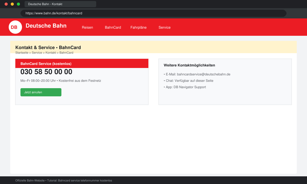 Screenshot der Bahn-Website mit hervorgehobener Kontaktseite für BahnCard