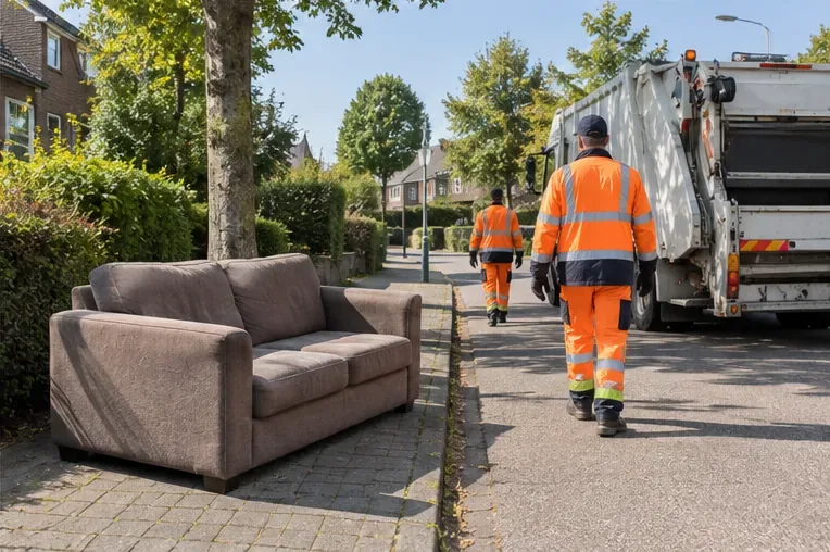 Een bankstel staat op de inzameldag aan de rand van de stoep terwijl medewerkers van een afvalinzamelwagen naderen.