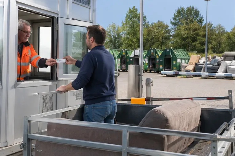 Een bezoeker met een bankstel op een aanhanger meldt zich bij de ingang van een recycleplein en toont een pas aan een medewerker.