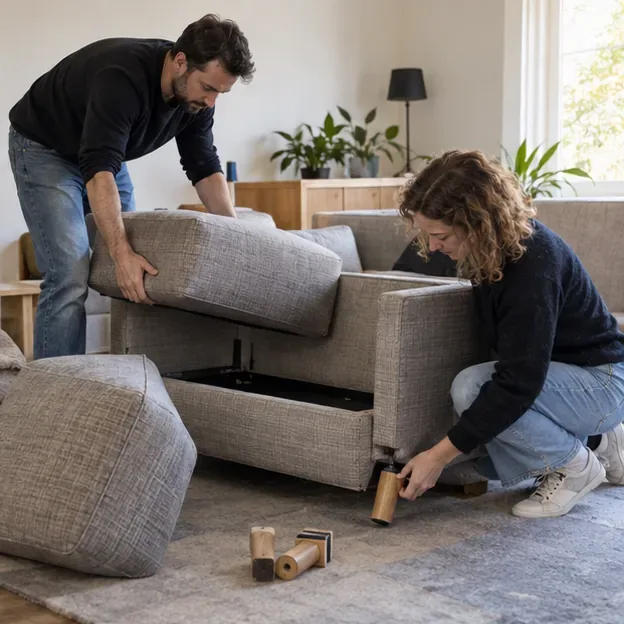 Twee mensen halen losse kussens en poten van een modulaire stoffen bank