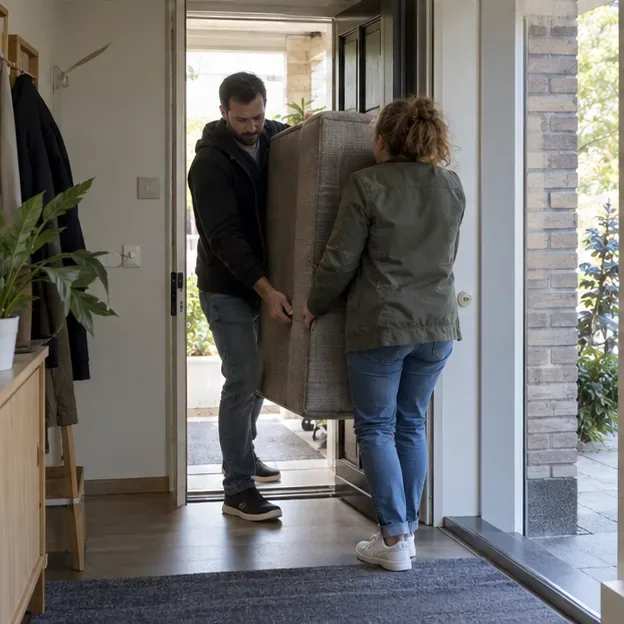 Twee volwassenen dragen samen een bankdeel rechtop door de deuropening van een woning
