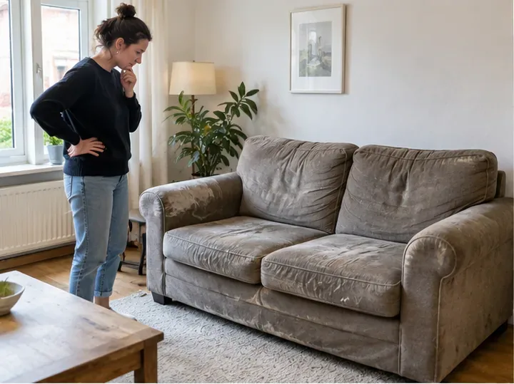 Een vrouw bekijkt in een woonkamer een zichtbaar versleten tweezitsbank om te bepalen of hergebruik nog zinvol is