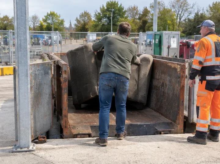 Een man plaatst een versleten bank in een grote container op een afvalbrengpunt terwijl een medewerker in veiligheidskleding toezicht houdt