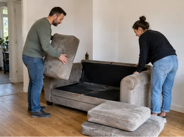 Twee personen halen losse zitkussens van een versleten bank om het meubel lichter en beter hanteerbaar te maken