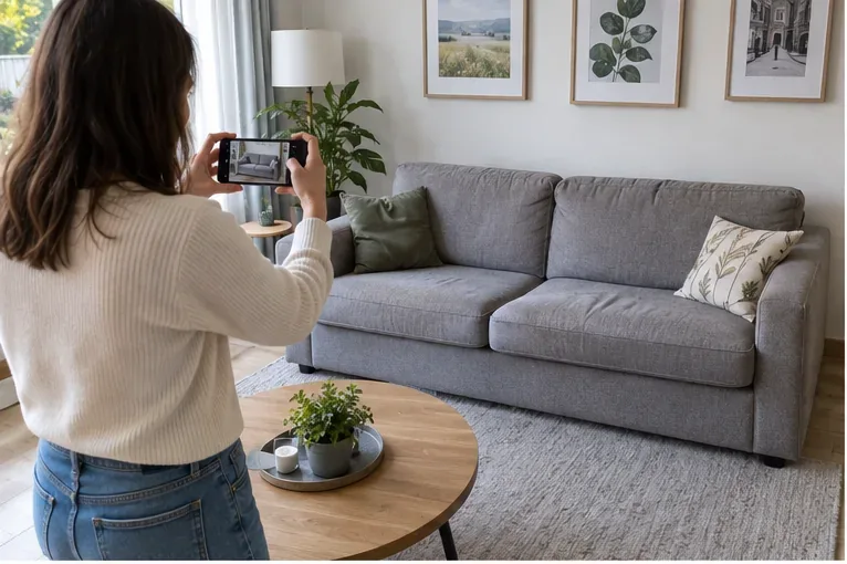 Een grijze bank wordt binnenshuis gefotografeerd voordat wordt besloten of hergebruik of afvalverwerking passend is.