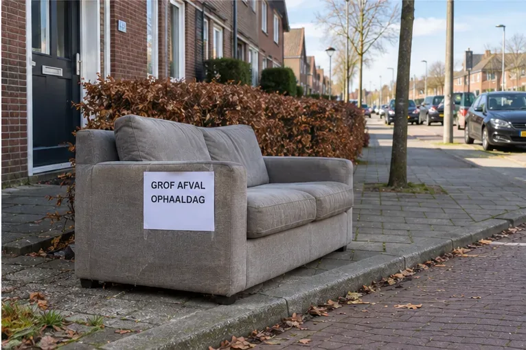 Een grijs bankstel staat op de stoep in een Nederlandse woonstraat met een bord dat het om grof afval op de ophaaldag gaat.