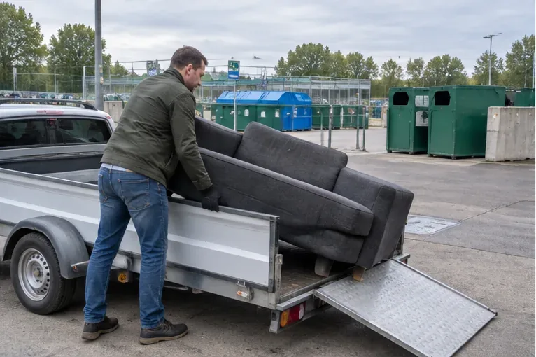 Een man laadt een donkere bank uit een aanhangwagen op een terrein met afvalcontainers.