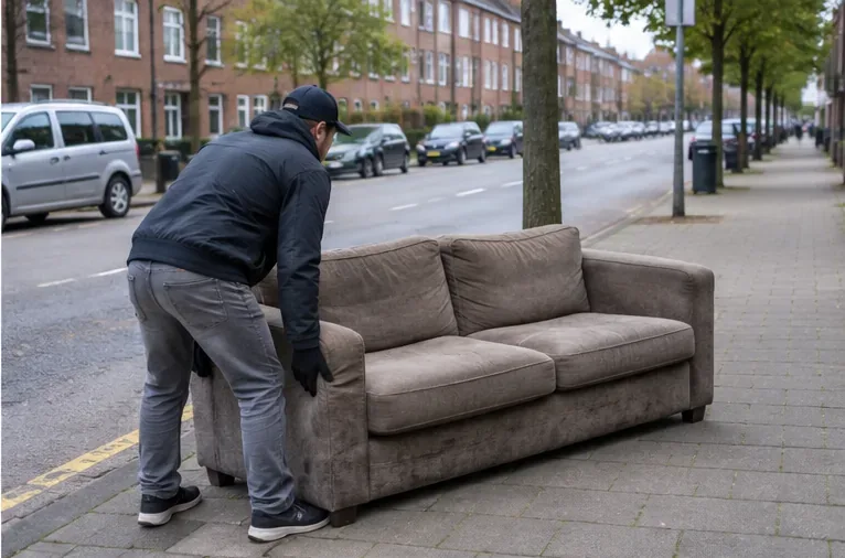 Een man plaatst een gebruikte bank overdag aan de straatkant, vrij van bomen en afvalcontainers.