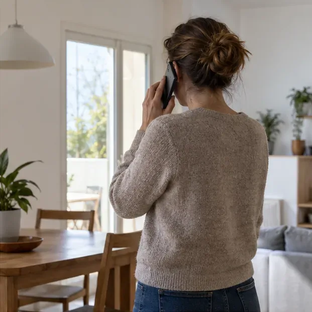 Una persona llama por teléfono desde una habitación despejada, sin tocar la batería externa