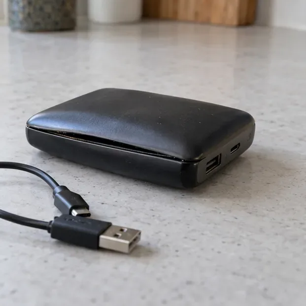 Una batería externa negra con la carcasa abombada y un cable USB desconectado sobre una encimera