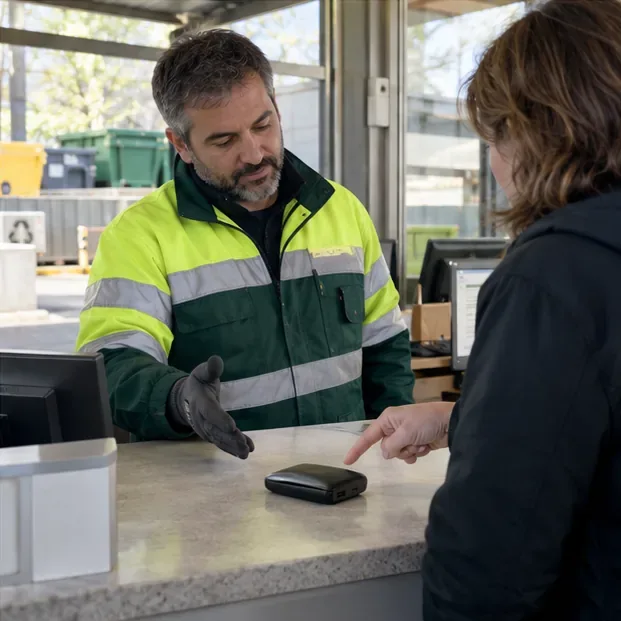 Una persona consulta con un trabajador de un centro de reciclaje mientras señala una batería externa sobre el mostrador