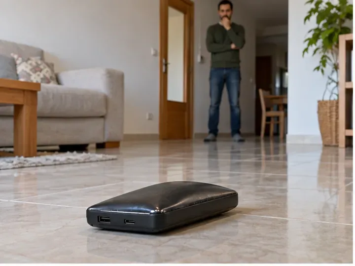 Una batería externa deformada descansa en el suelo mientras una persona la observa desde lejos