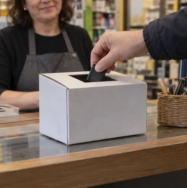 Una persona consegna una piccola batteria integra a un punto di raccolta dedicato presso il banco di un negozio.
