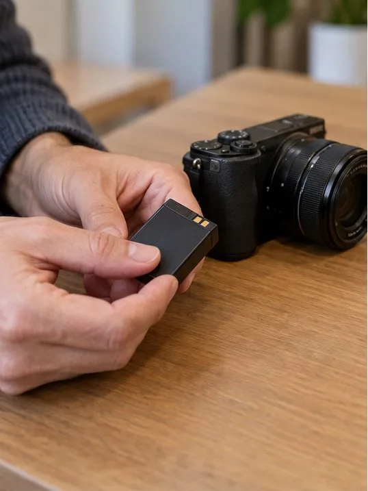 Une personne examine une petite batterie amovible à côté d’un appareil photo éteint