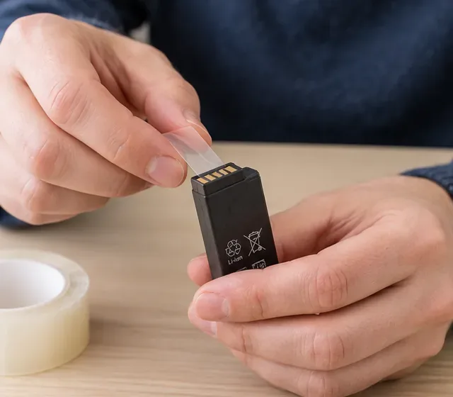 Des mains appliquent un ruban adhésif transparent sur les contacts métalliques d’une petite batterie au lithium avant son transport vers un point de collecte.