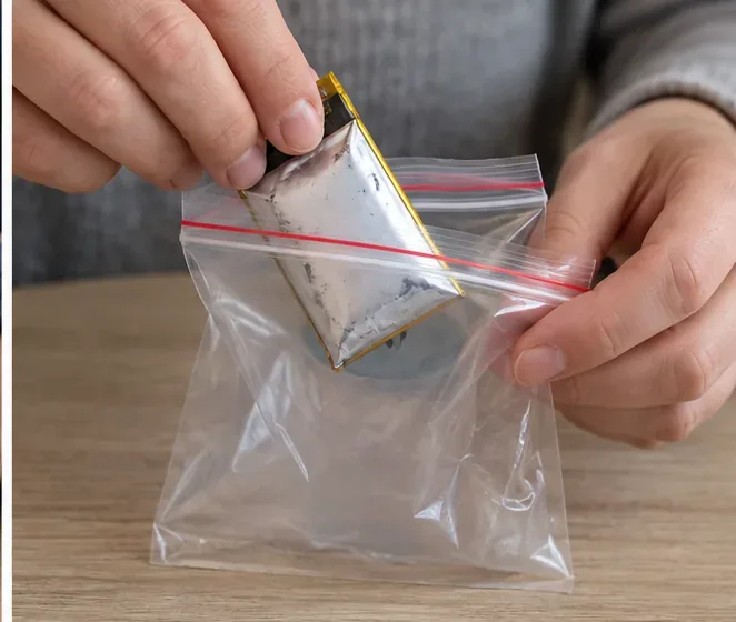 Une batterie lithium gonflée est placée individuellement dans un sachet plastique transparent refermable pour être isolée avant dépôt.
