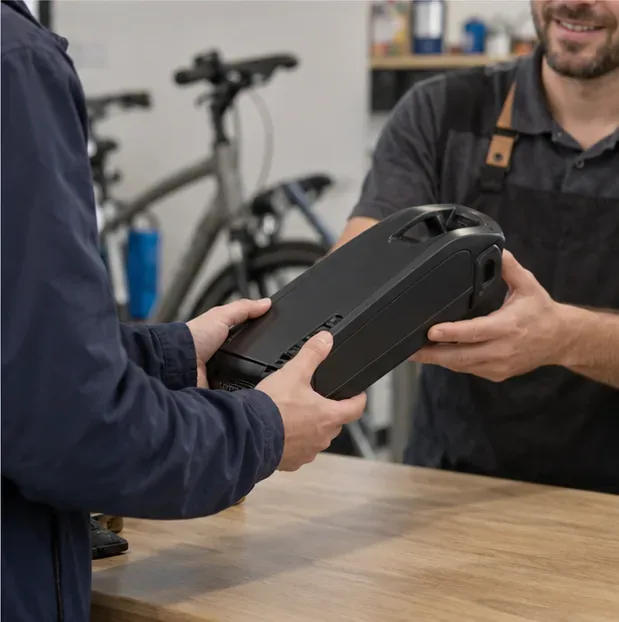 Un client remet une batterie de vélo électrique détachée à un employé d’un magasin de vélos.