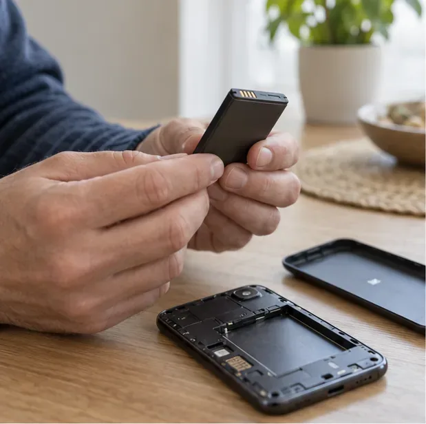 Une personne tient une petite batterie amovible près d’un téléphone ouvert sur une table.