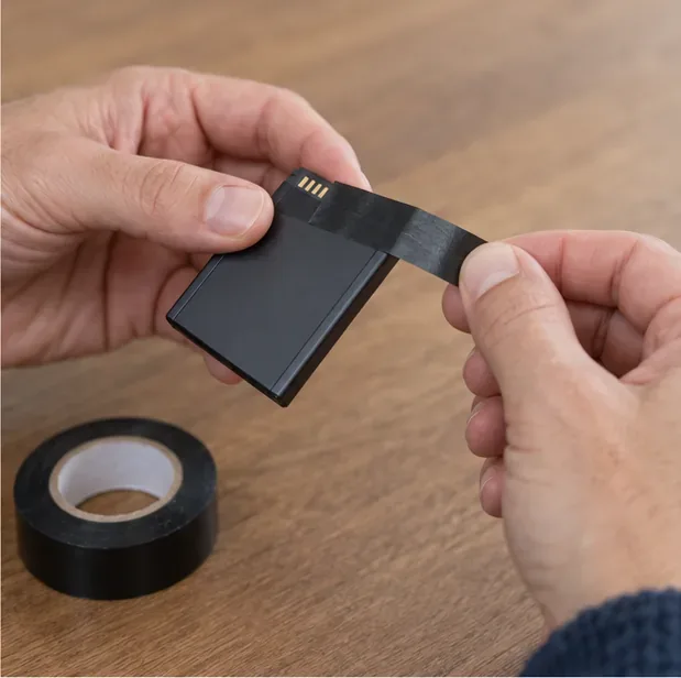 Une personne applique un ruban isolant sur les contacts métalliques d’une batterie amovible.