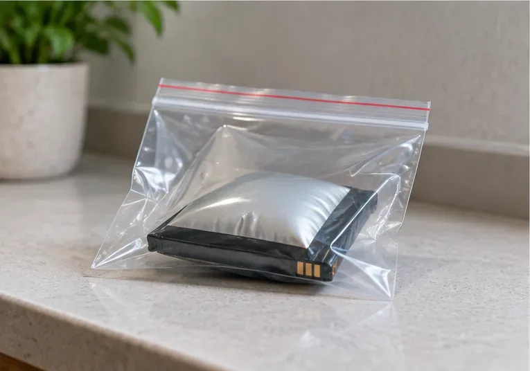 Une batterie lithium gonflée est isolée seule dans un petit sac plastique transparent refermable, posée sur une surface dégagée.