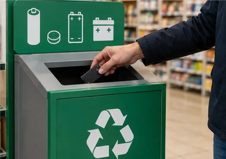 Une personne dépose une petite batterie dans un bac vert dédié au recyclage des piles et batteries dans un commerce.