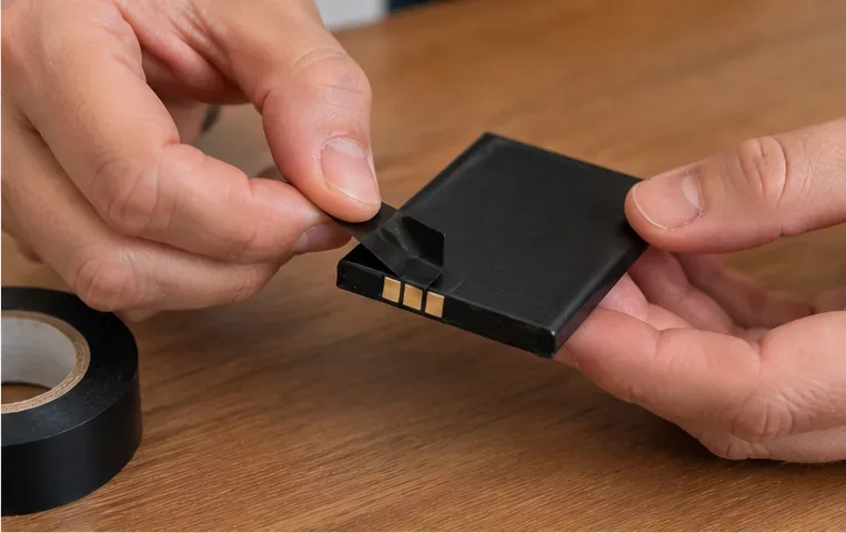 Des mains recouvrent les contacts métalliques d’une petite batterie lithium avec du ruban adhésif isolant noir.