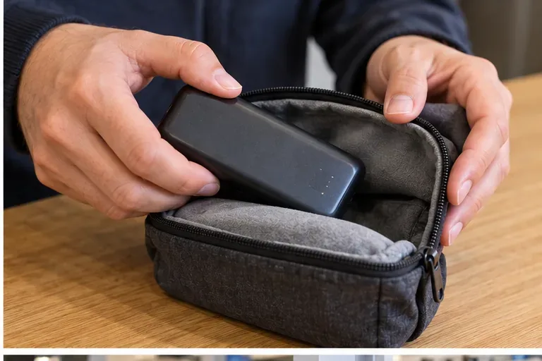 Personne plaçant une batterie externe intacte dans une petite housse protectrice avant transport