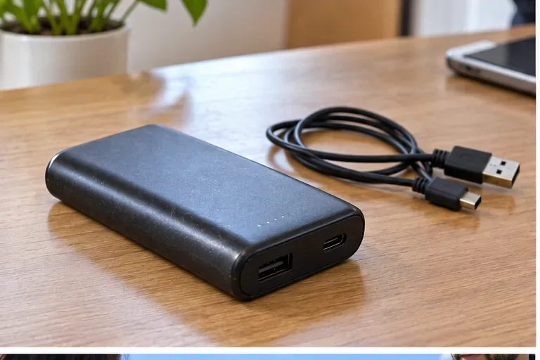 Batterie externe noire posée sur une table avec son câble USB, avant préparation pour le recyclage