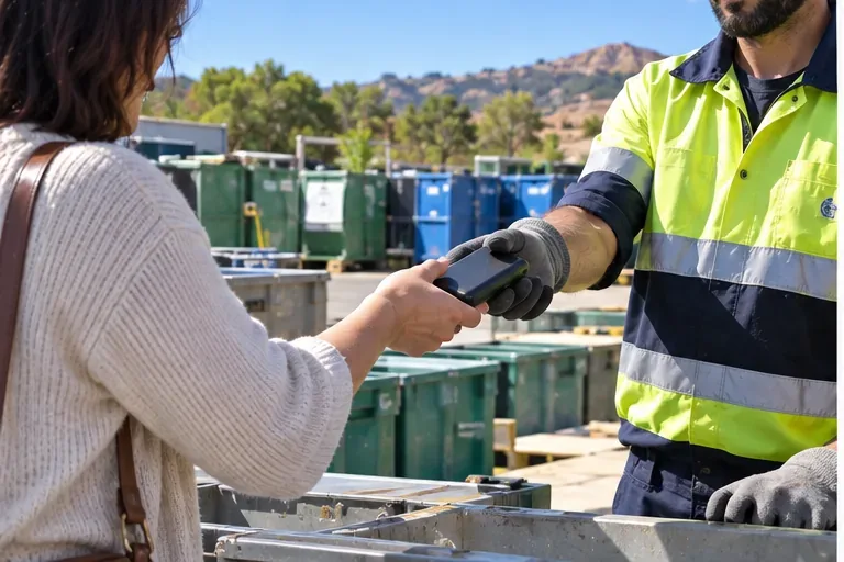 Usagère remettant une batterie externe à un agent sur un site de collecte de déchets