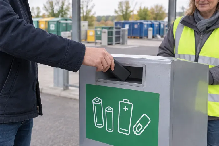 Une personne dépose une petite batterie externe dans un conteneur de collecte dédié aux batteries, avec un agent à proximité