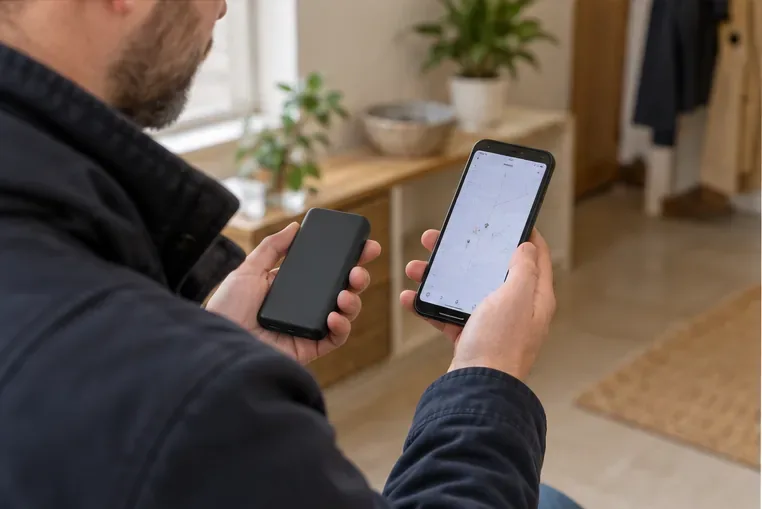 Une personne tient une batterie externe en consultant sur son téléphone une carte de points de collecte à proximité