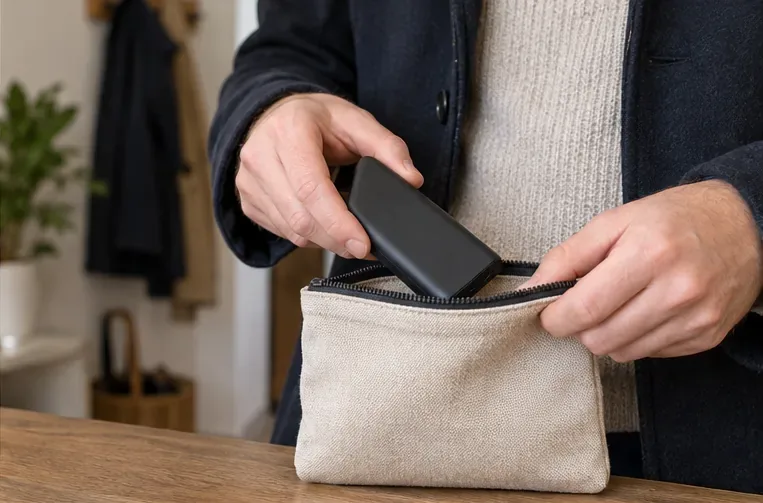 Une personne place une batterie externe intacte et débranchée dans une petite pochette en tissu