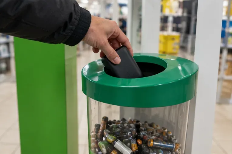 Une main dépose une batterie externe dans un bac de collecte contenant des piles usagées dans un point de reprise en magasin.