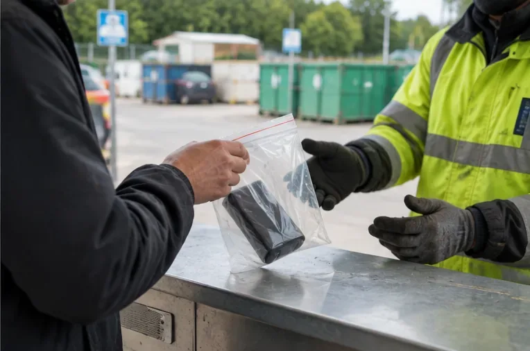 Un usager remet à un agent de déchèterie une batterie externe protégée dans un sachet transparent.