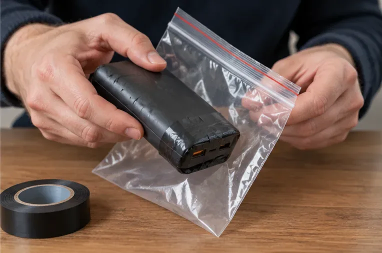 Une batterie externe abîmée avec ses connecteurs protégés est placée dans un sachet plastique transparent fermé avant le recyclage.