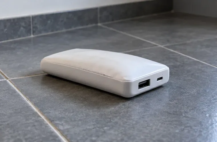 Batterie externe blanche posée seule sur un sol carrelé, sans câble ni autre objet autour