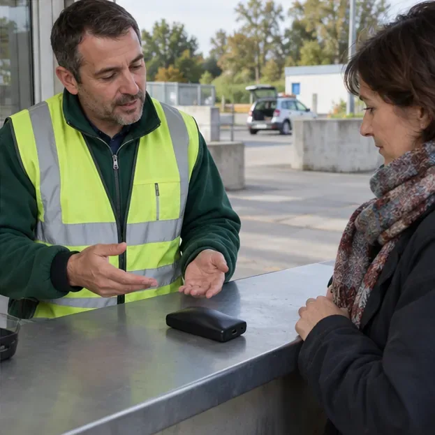 Agent en gilet de sécurité expliquant la consigne à une habitante devant une batterie externe posée sur un comptoir