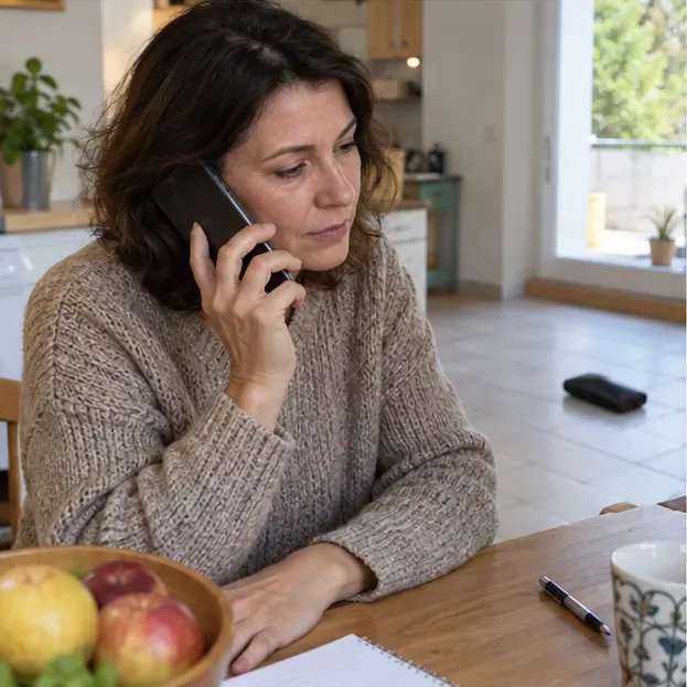 Habitante téléphonant à un service local, avec la batterie externe laissée de côté sur une table